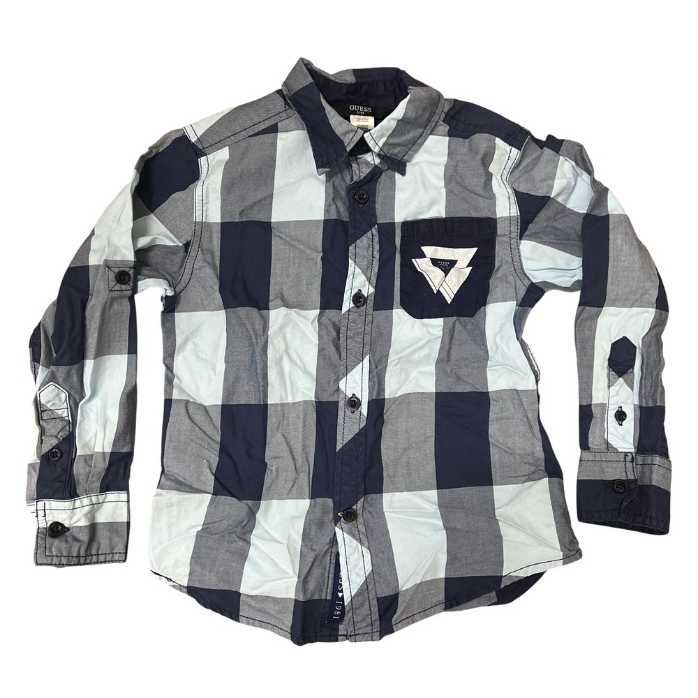 Guess Kids Boys Navy Blue Buffalo Plaid Long Sleeve Button Down Shirt Size M 5-6